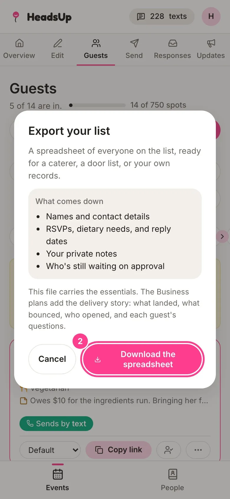 The Export your list dialog with the Download the spreadsheet button circled