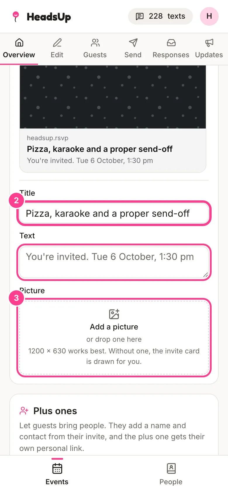 The Link preview fields, with Title and Text circled as 2 and the Add a picture box circled as 3