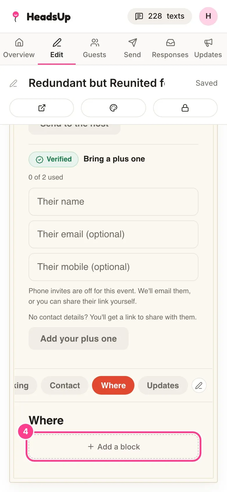 The new Where tab open on the invite with the Add a block button circled