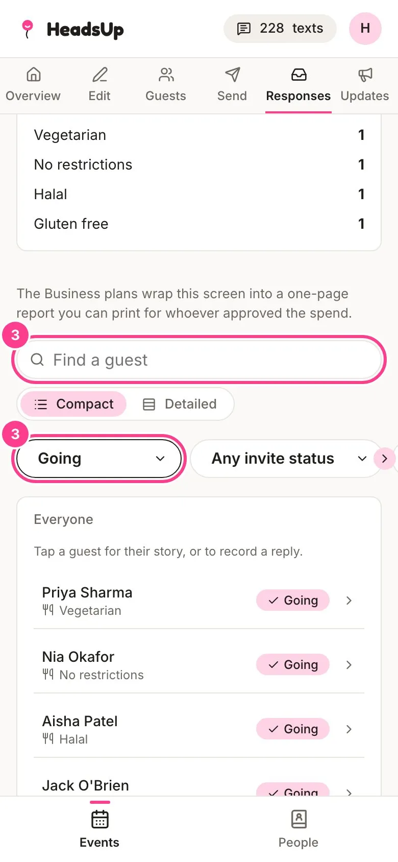 The guest list narrowed to Going, with the search box and the reply filter circled