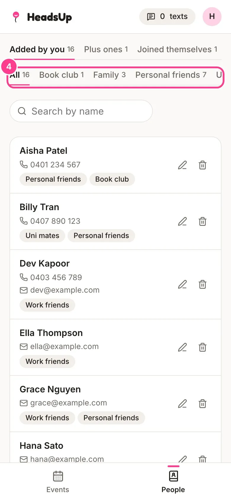 The group tabs on the People screen, All, Book club, Family and Personal friends, circled