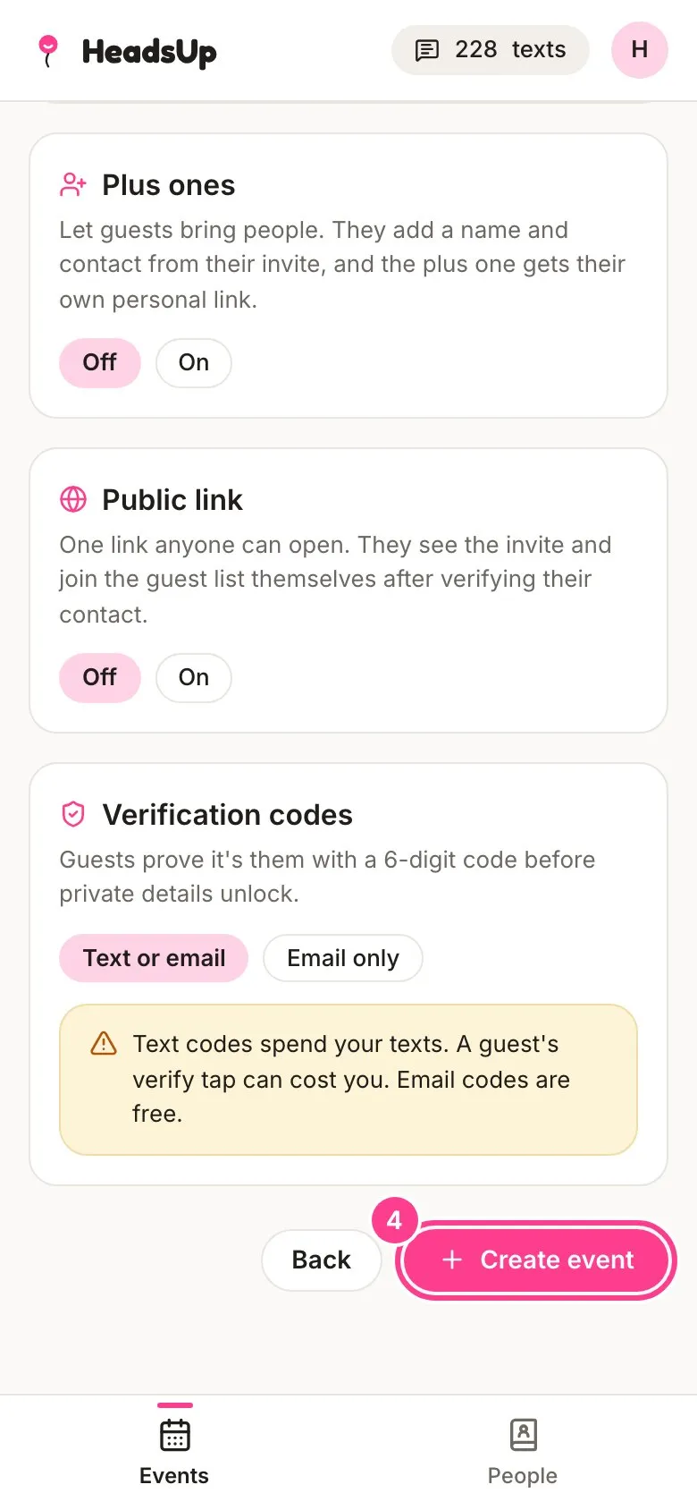 Step 3 of 3, the guest features and the Create event button