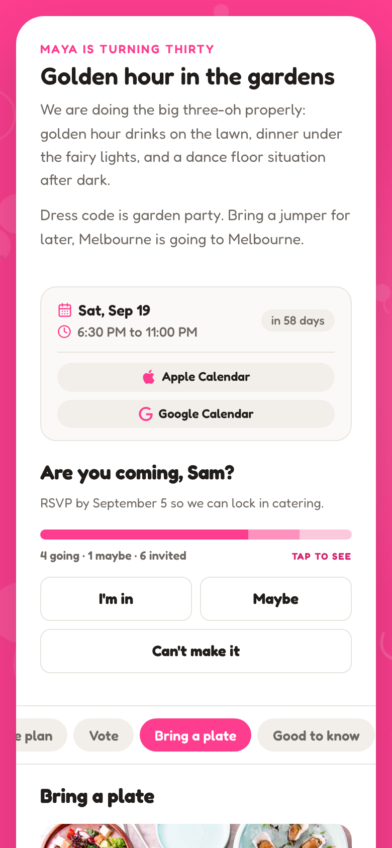 A HeadsUp invite's RSVP card: are you coming, the going tally bar at 4 of 6, the reply buttons, and the Bring a plate tab