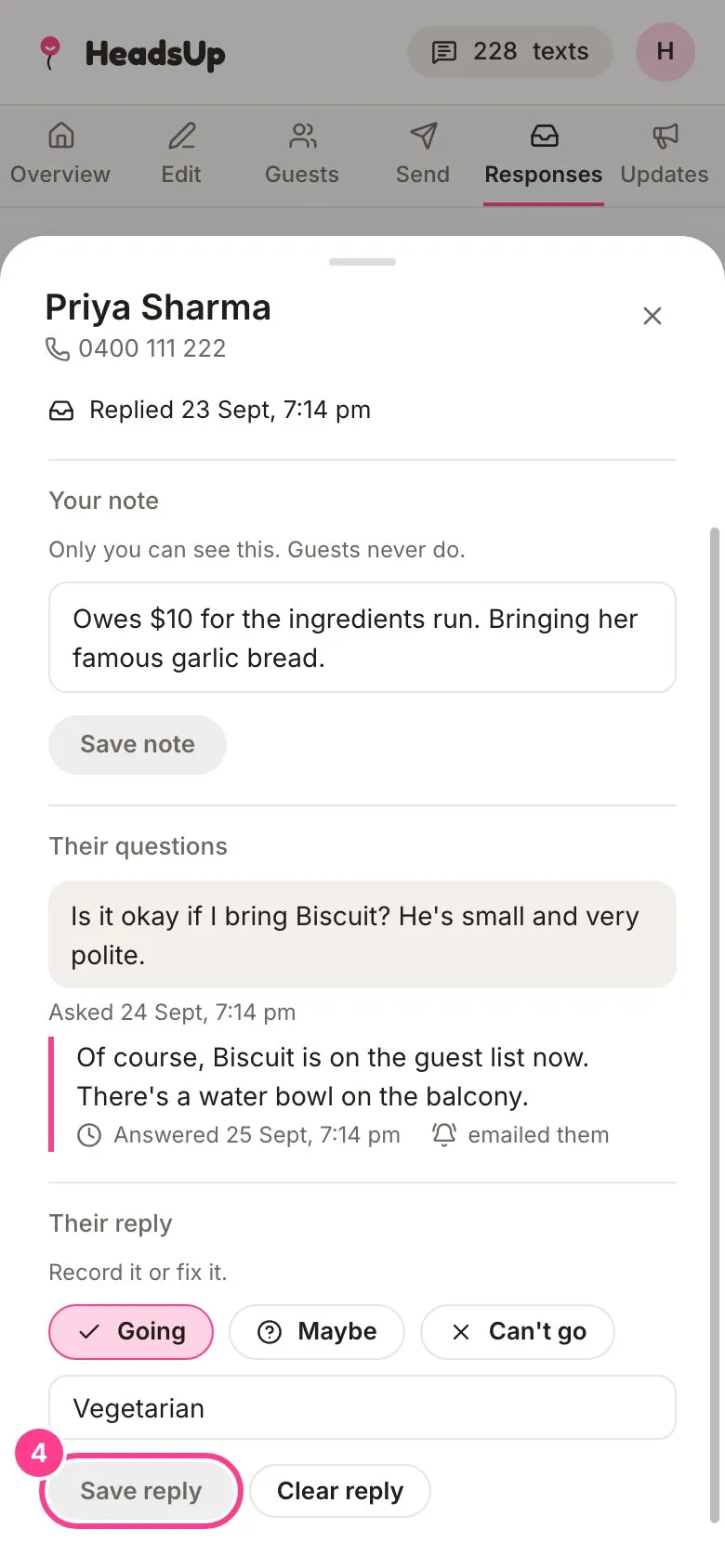 A guest’s details with the Save reply button circled