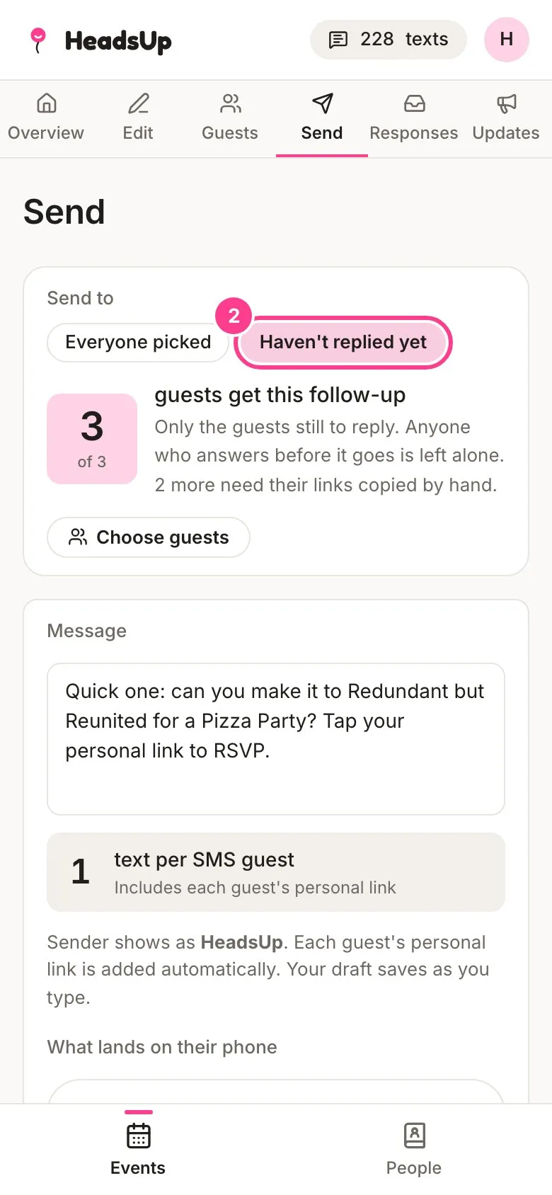 The Send tab with Haven’t replied yet circled, showing 3 guests get this follow-up