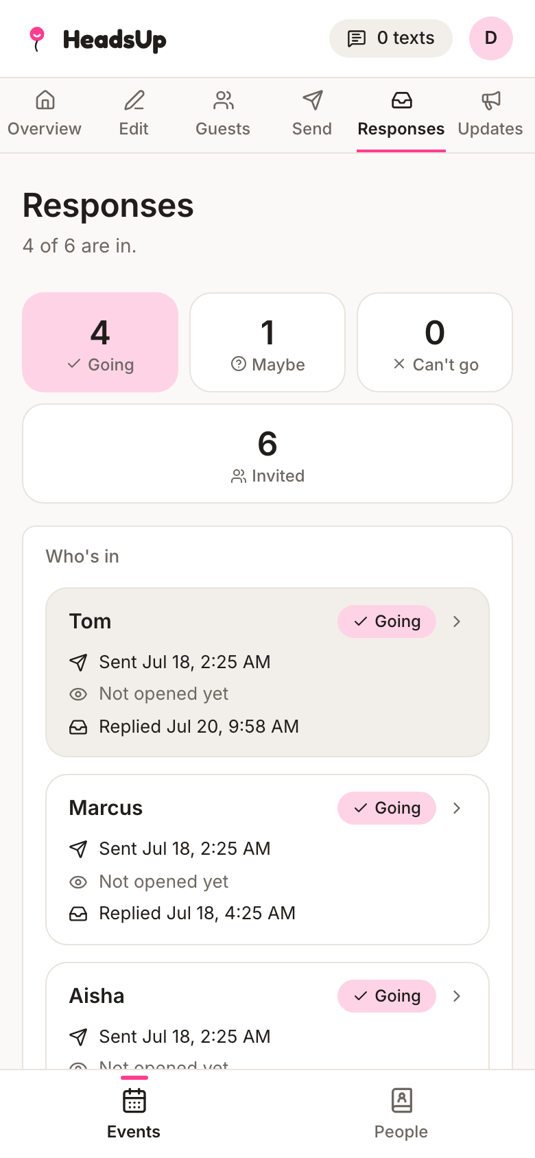 The host's responses view: 4 of 6 are in, with each guest's reply