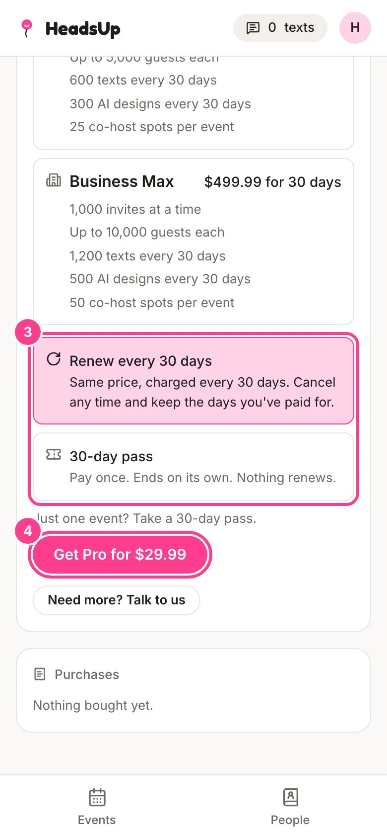 The two ways to pay circled, Renew every 30 days and 30-day pass, with the Get Pro for $29.99 button circled below them