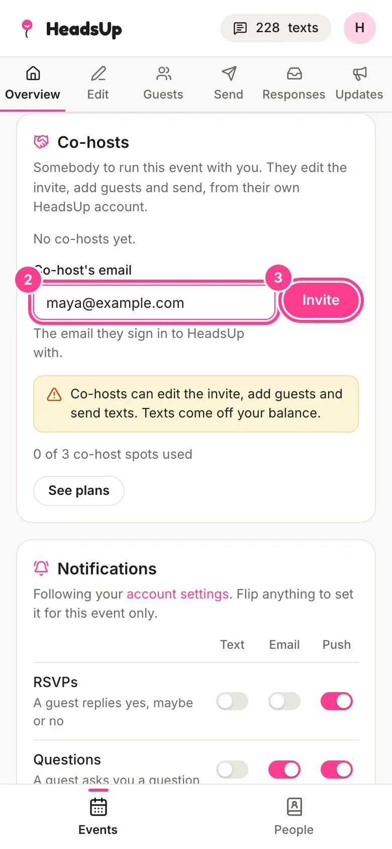 The Co-hosts card with the email filled in and the Invite button circled