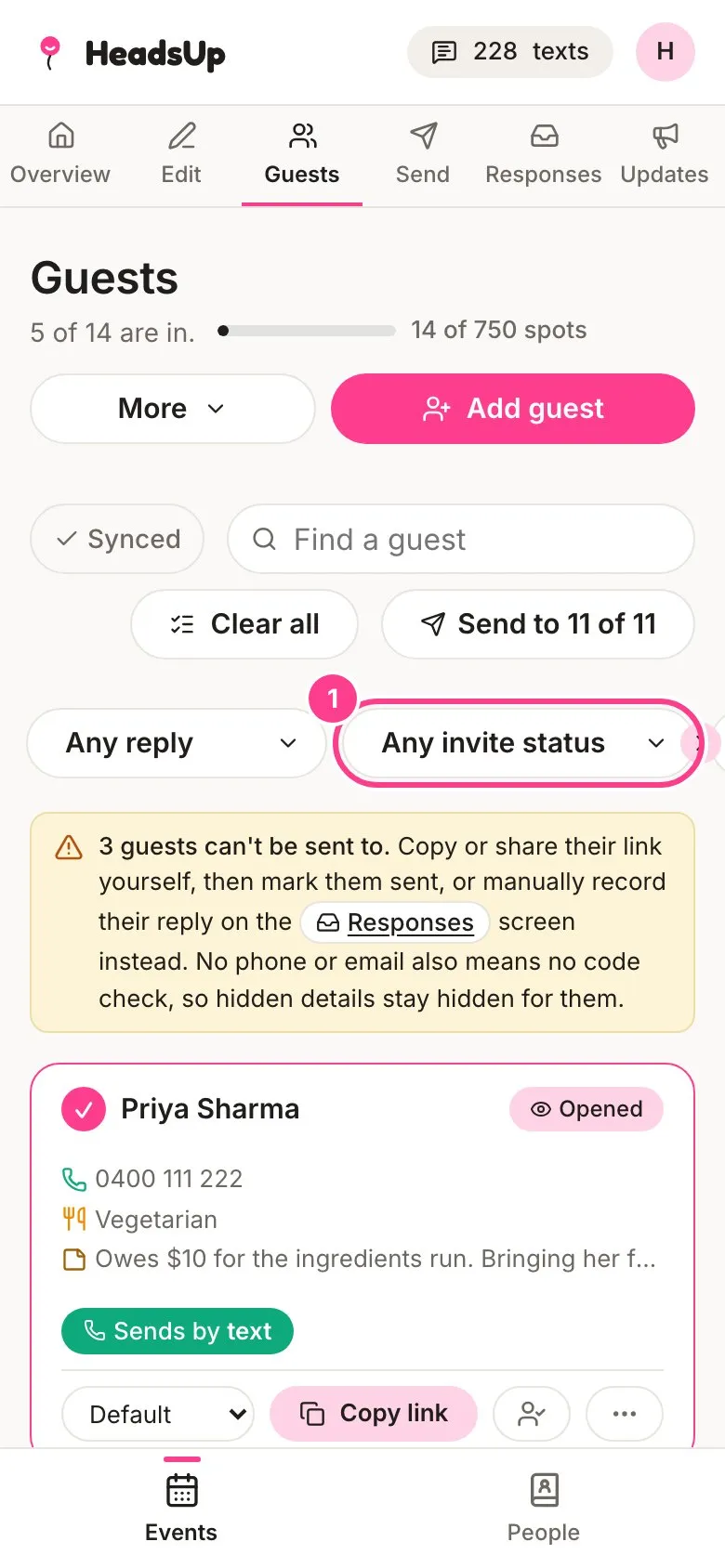 The Guests list with the Any invite status filter circled