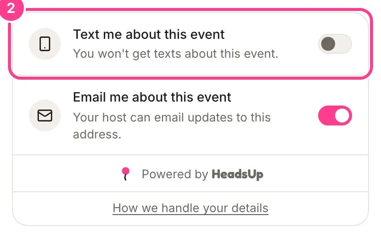 The bottom of the invite with the Text me about this event switch turned off and circled