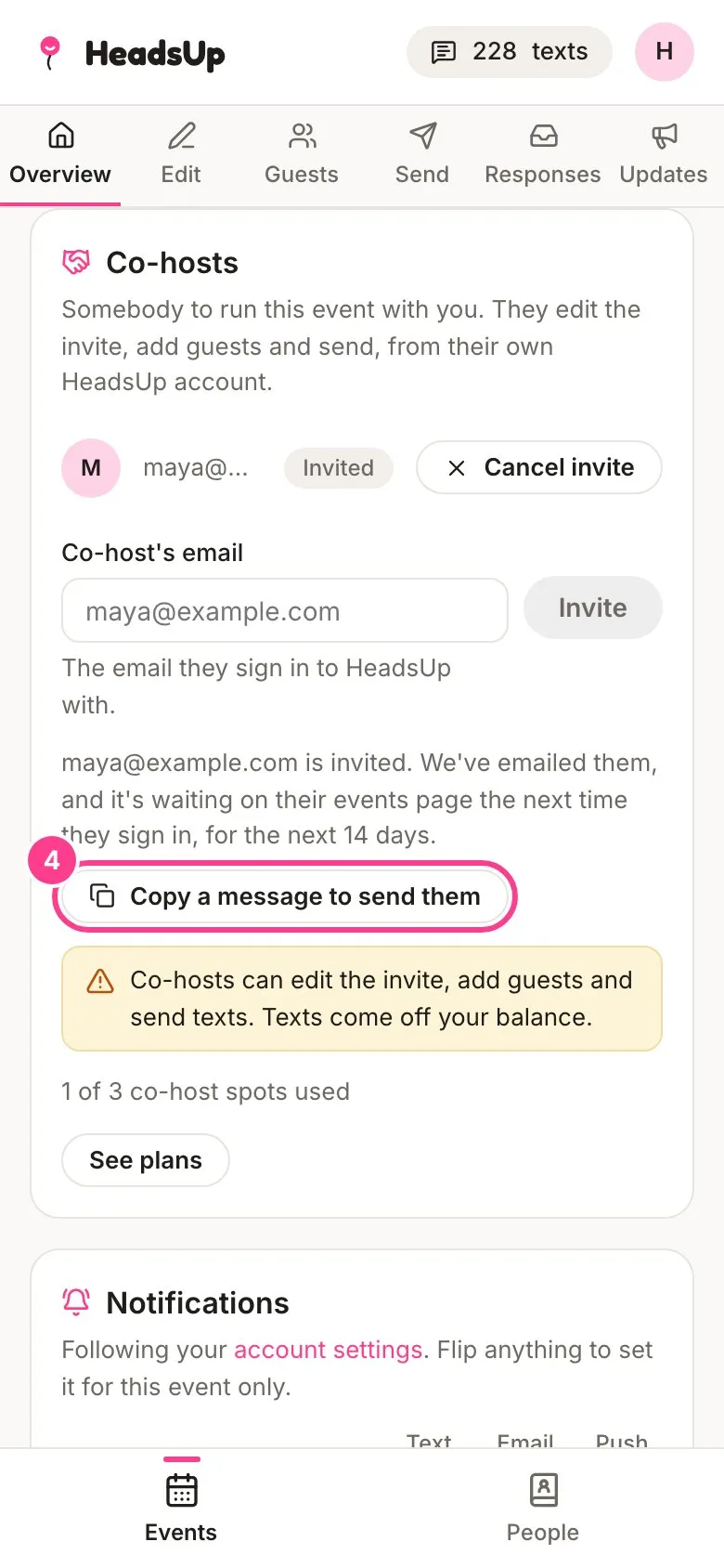 The Co-hosts card showing the invite, with Copy a message to send them circled