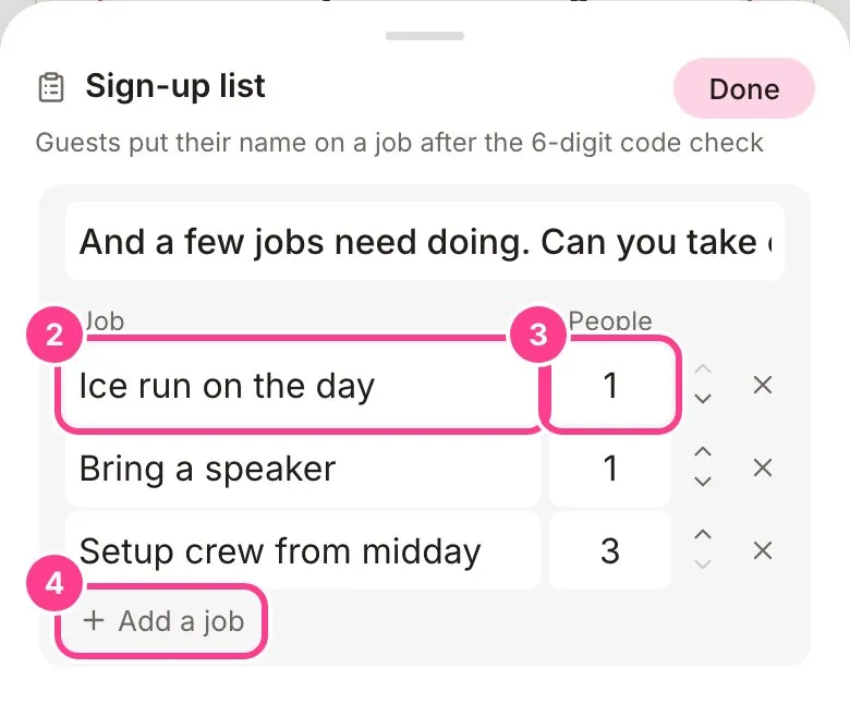 The Sign-up list sheet with a job name, its People count and the Add a job button circled