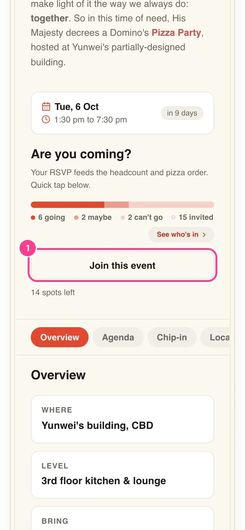 A shared event page with the Join this event button circled and 14 spots left underneath