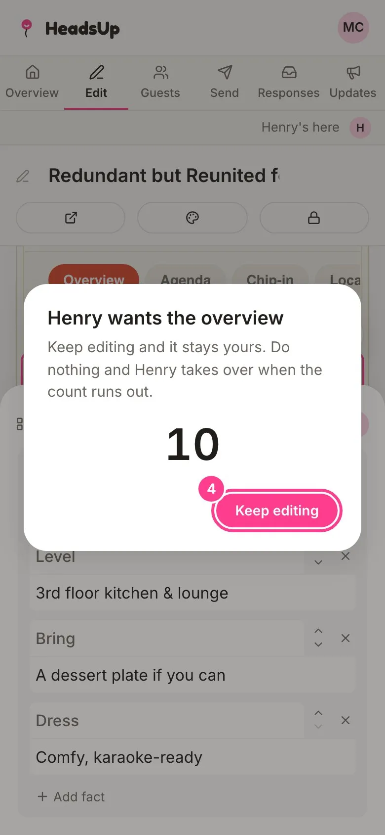The countdown card your co-host sees, with the Keep editing button circled