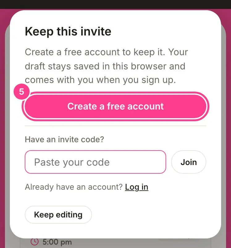 The Keep this invite window with the Create a free account button circled