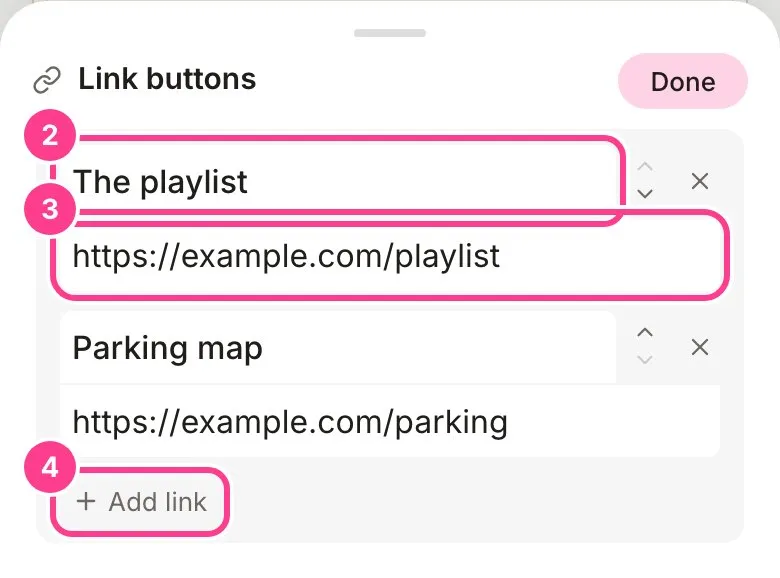 The Link buttons sheet with the label, the link and the Add link button circled