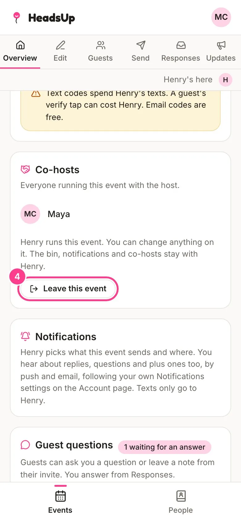 A co-host’s view of the Co-hosts card with Leave this event circled