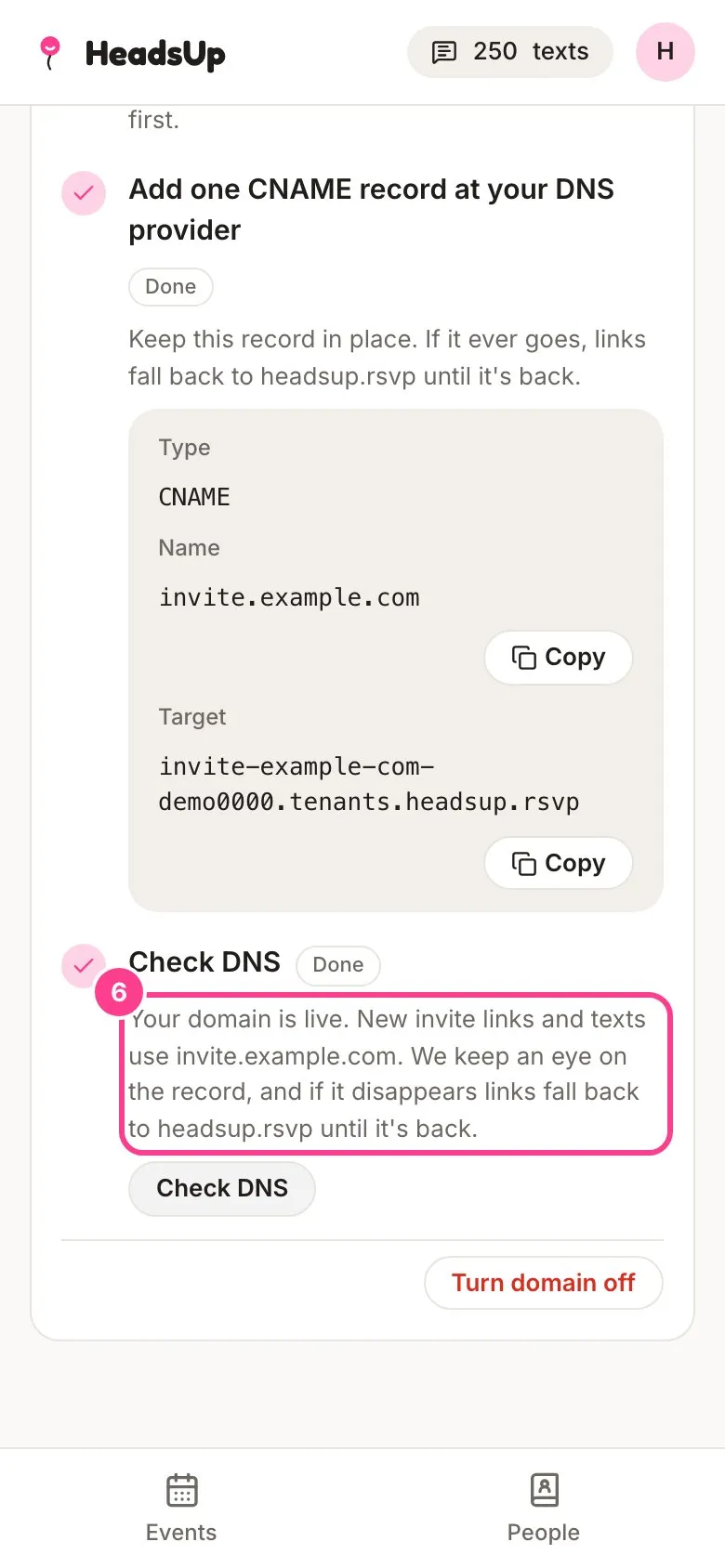 All three steps ticked and the line Your domain is live circled
