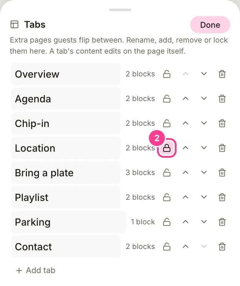 The Tabs sheet with the lock on the Location tab circled and switched on