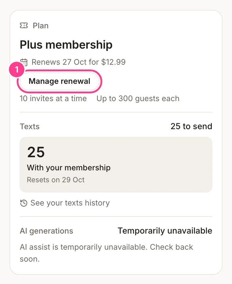 The Plan card for a Plus membership that renews on 27 Oct for $12.99, with the Manage renewal button circled