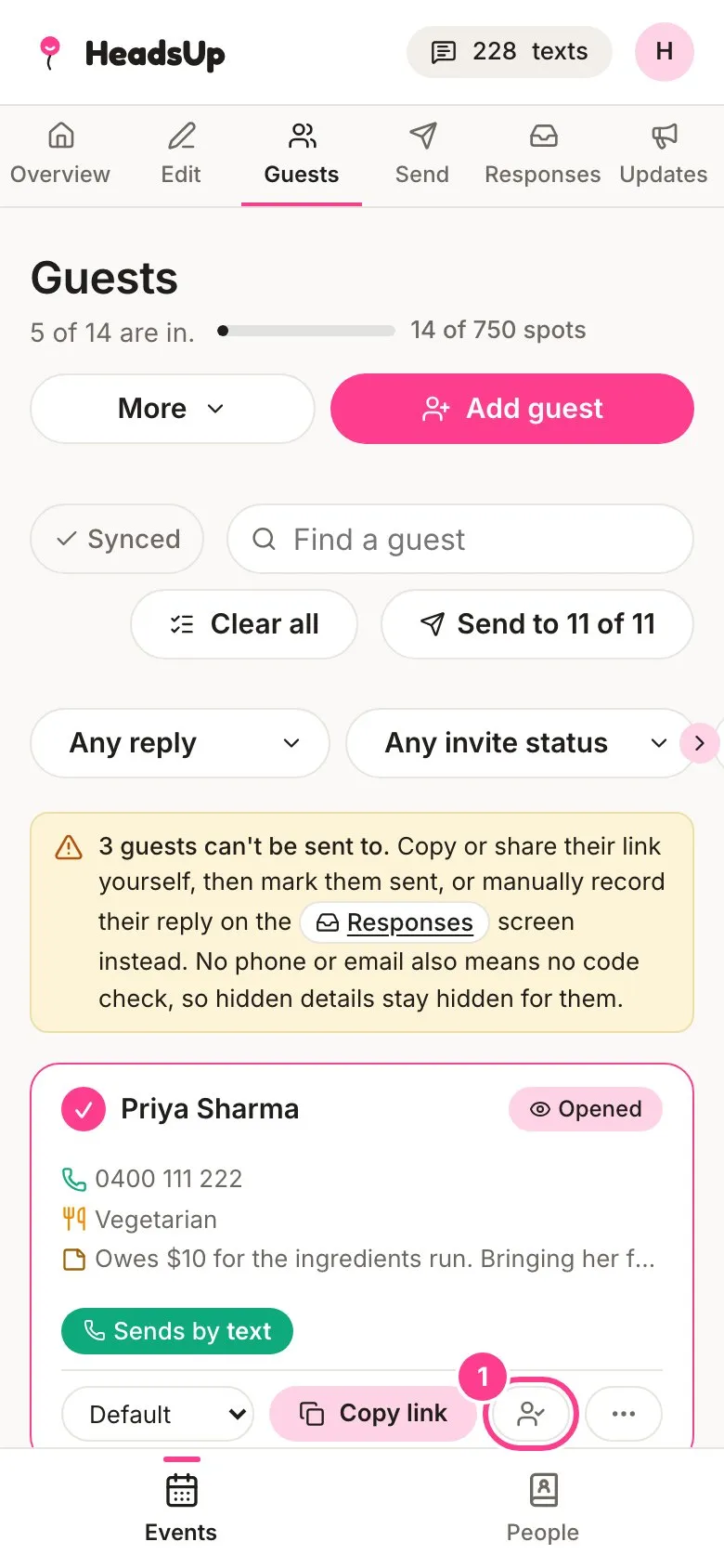 A guest’s row on the Guests screen with the mark arrived button circled