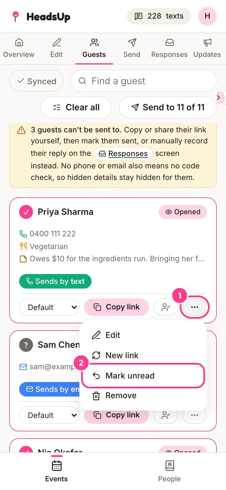 The menu on a guest’s card, with the three-dot button and Mark unread circled