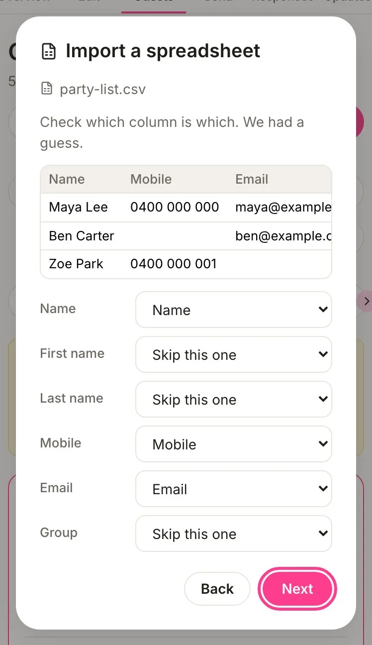 Matching the spreadsheet’s columns to Name, Mobile and Email, with the Next button circled