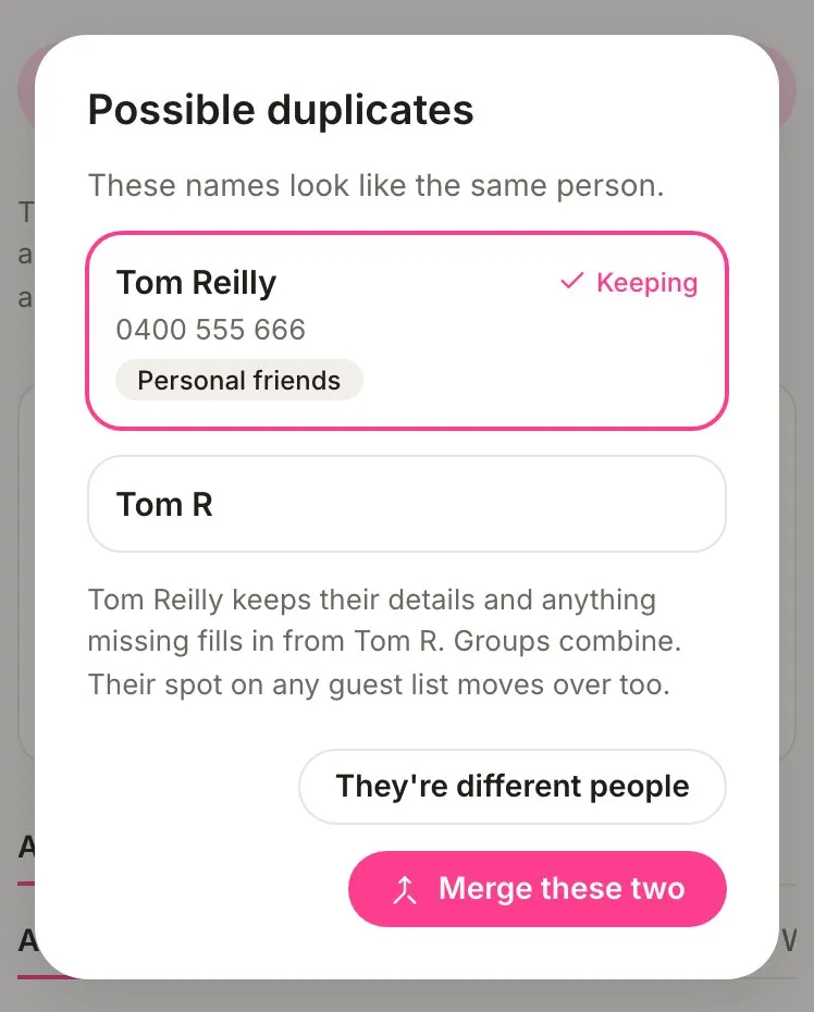 The Possible duplicates window showing Tom Reilly marked Keeping and Tom R, with They’re different people and Merge these two