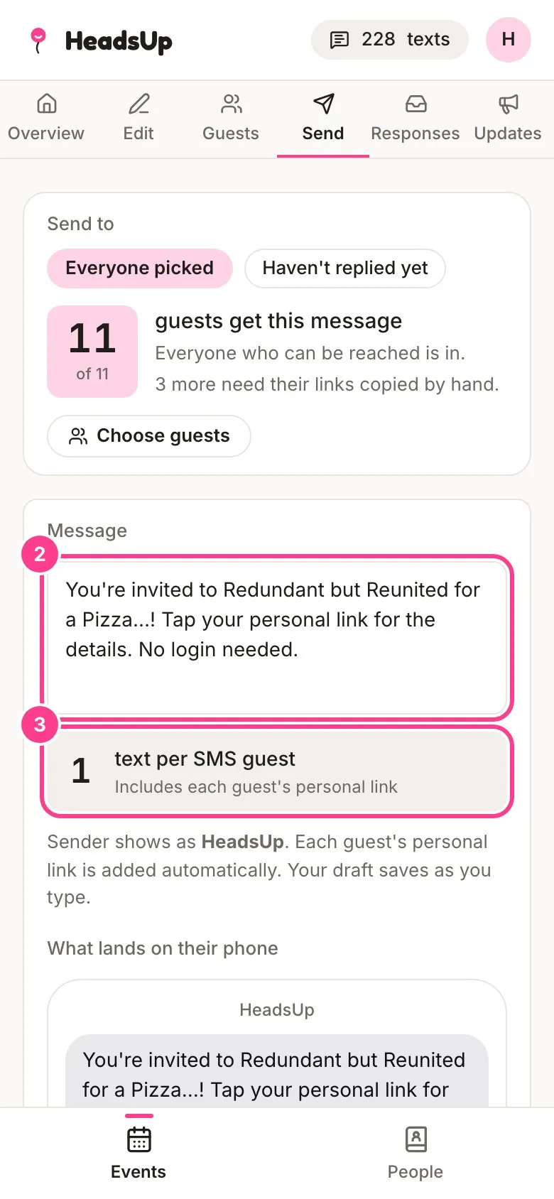 The Send tab with the message box and the text per SMS guest count circled