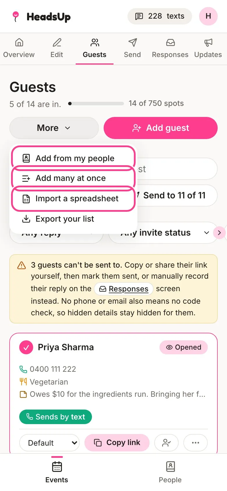 The More menu on the Guests screen, with Add from my people, Add many at once and Import a spreadsheet circled