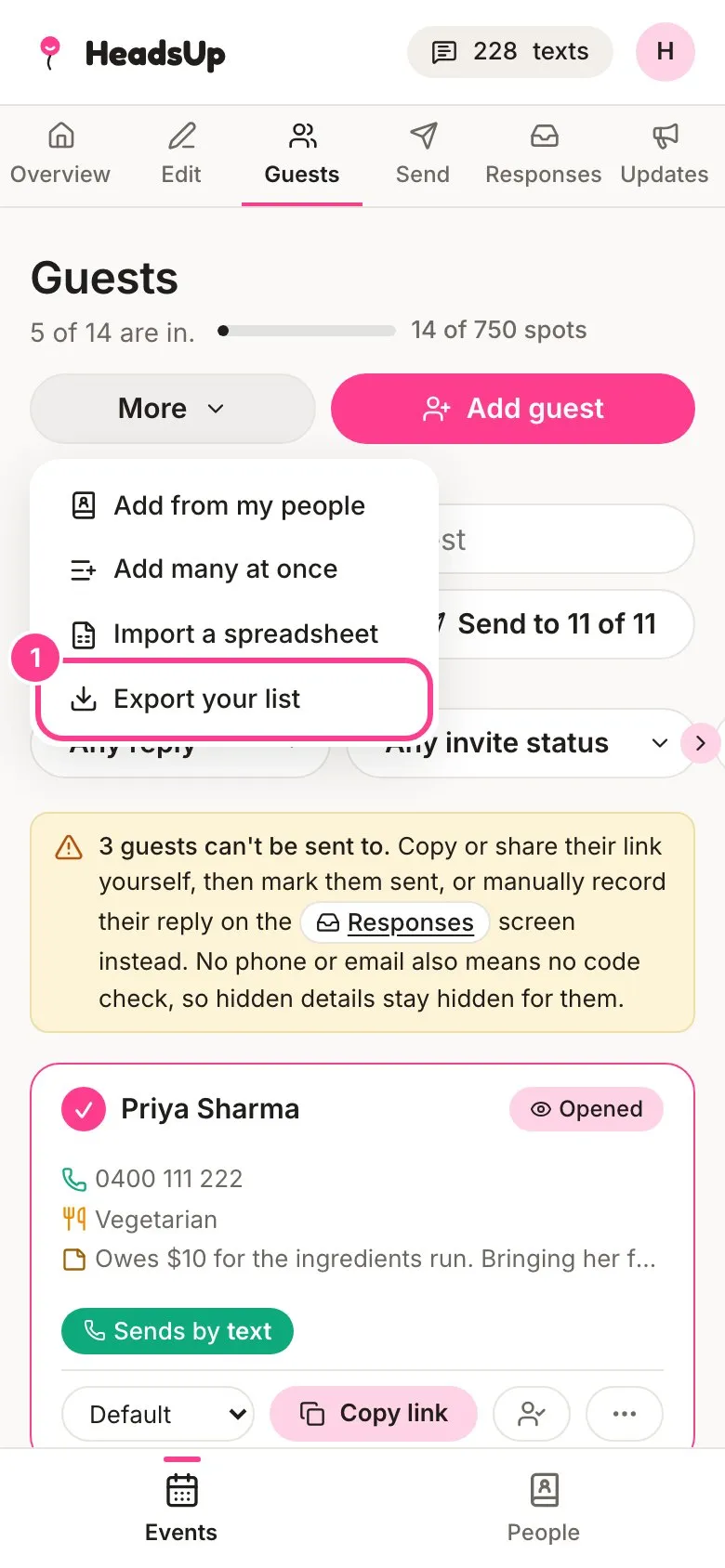 The Guests screen’s More menu with Export your list circled