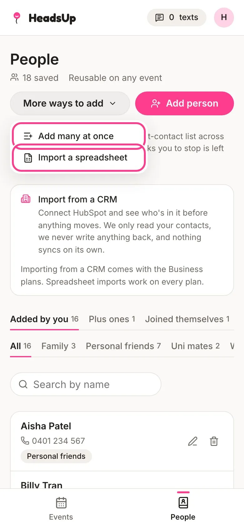 The More ways to add menu open, with Add many at once and Import a spreadsheet circled