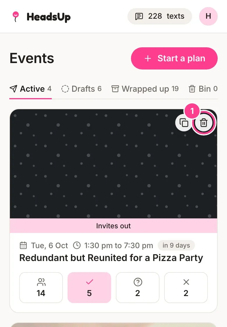 An event card on the Events home with its bin button circled