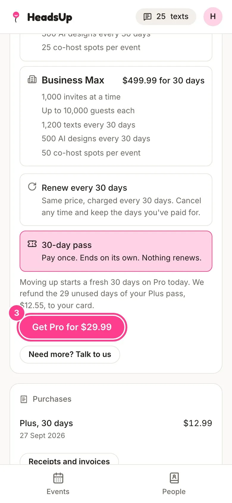 Pro picked with 30-day pass chosen, the line saying we refund the 29 unused days of your Plus pass, $12.55, and the Get Pro for $29.99 button circled