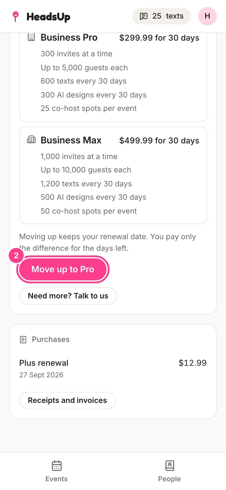 Pro picked on the Plans card, with the line Moving up keeps your renewal date and the Move up to Pro button circled