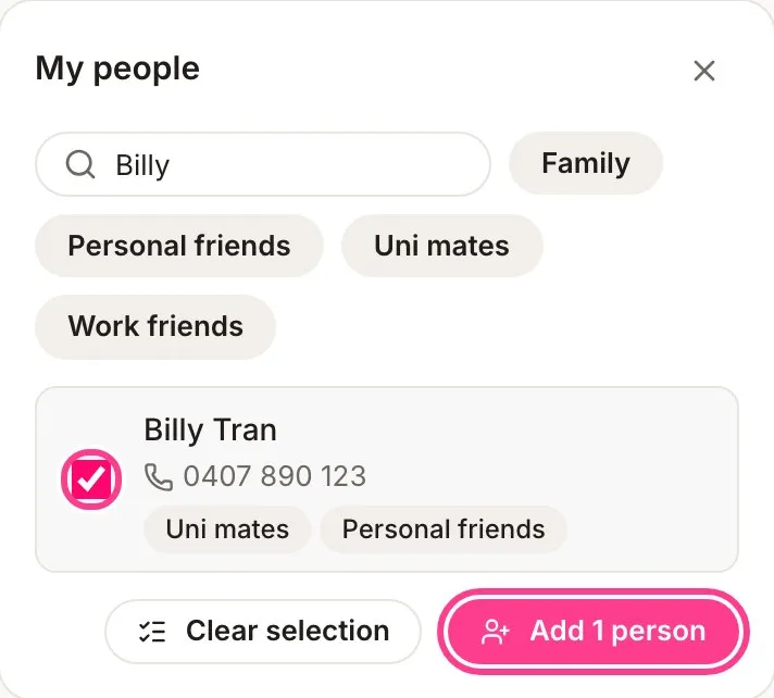 The My people list with one person ticked and the Add 1 person button circled