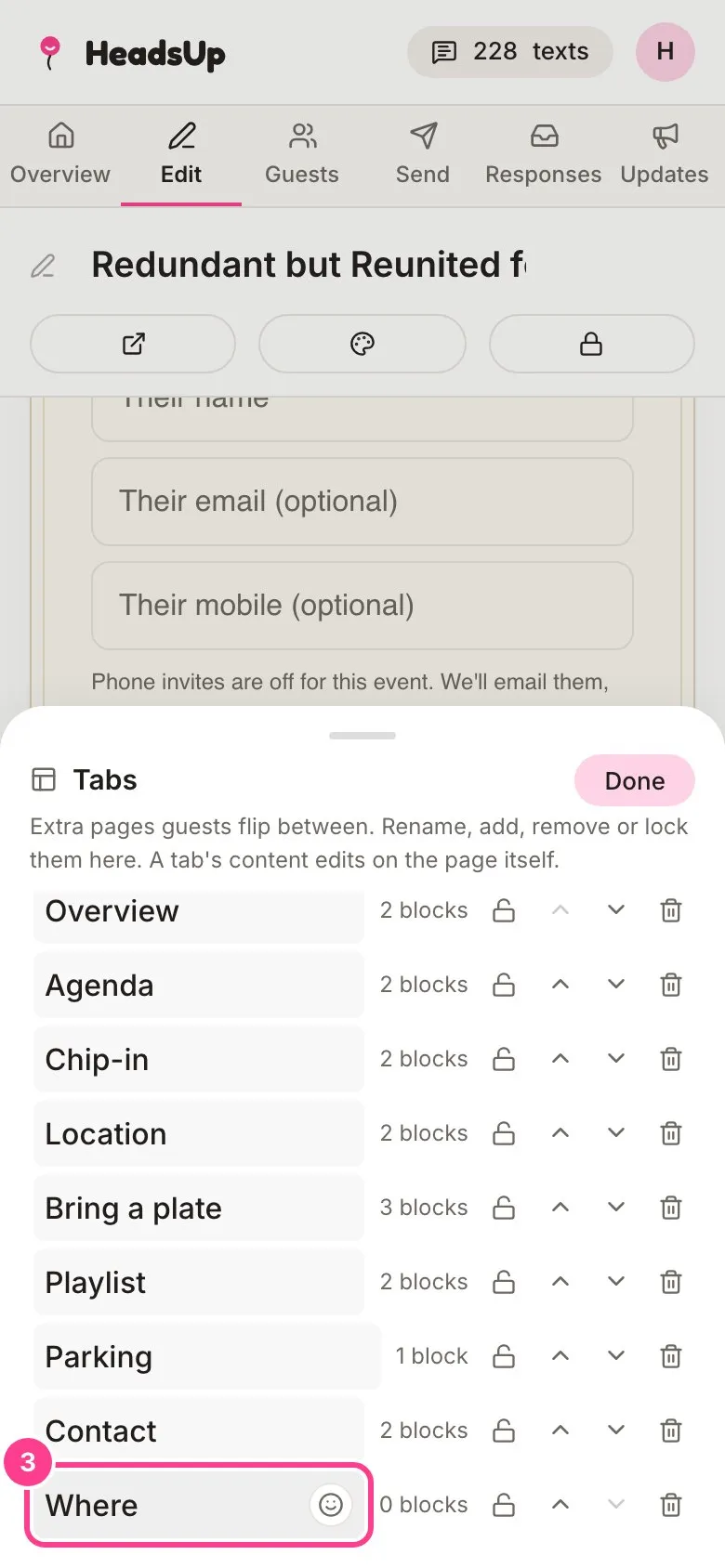 The Tabs panel with a new tab named Where circled at the bottom of the list
