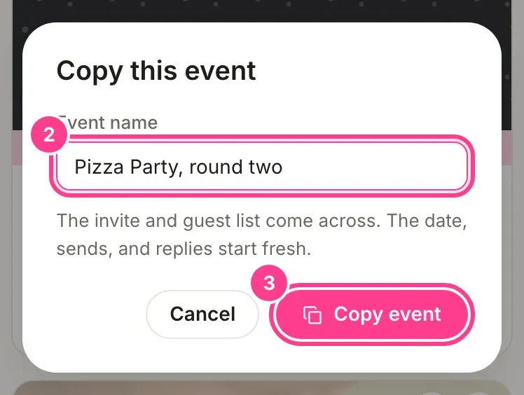The Copy this event window with the Event name field and the Copy event button circled