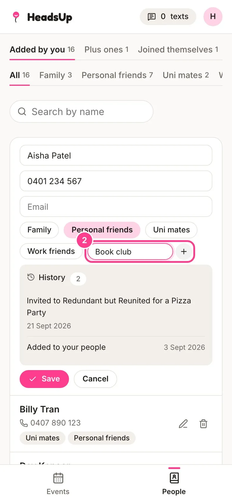 Aisha Patel’s details open, with Book club typed in the New group field circled