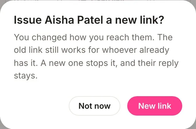 Asking whether to issue the guest a new link, with Not now and New link buttons