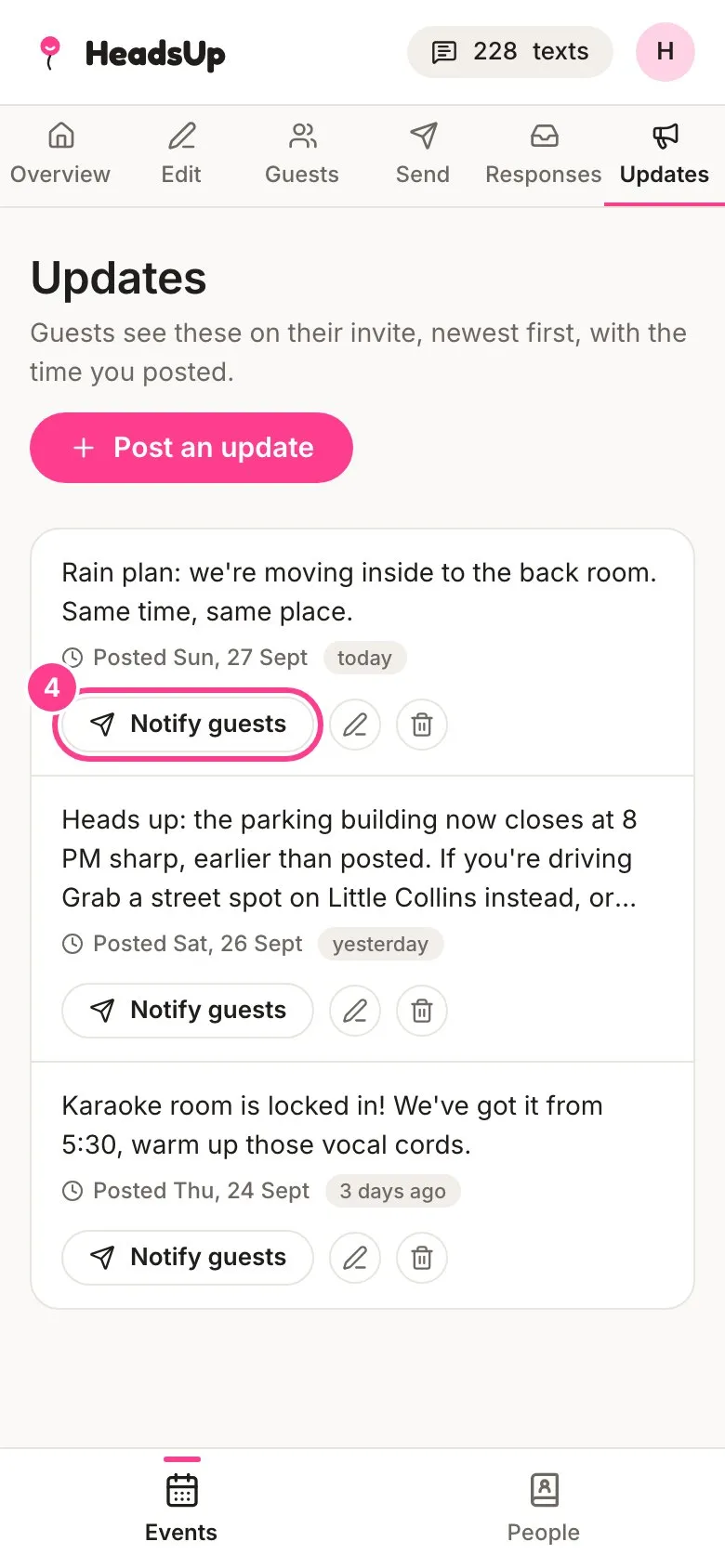 The posted update with its Notify guests button circled