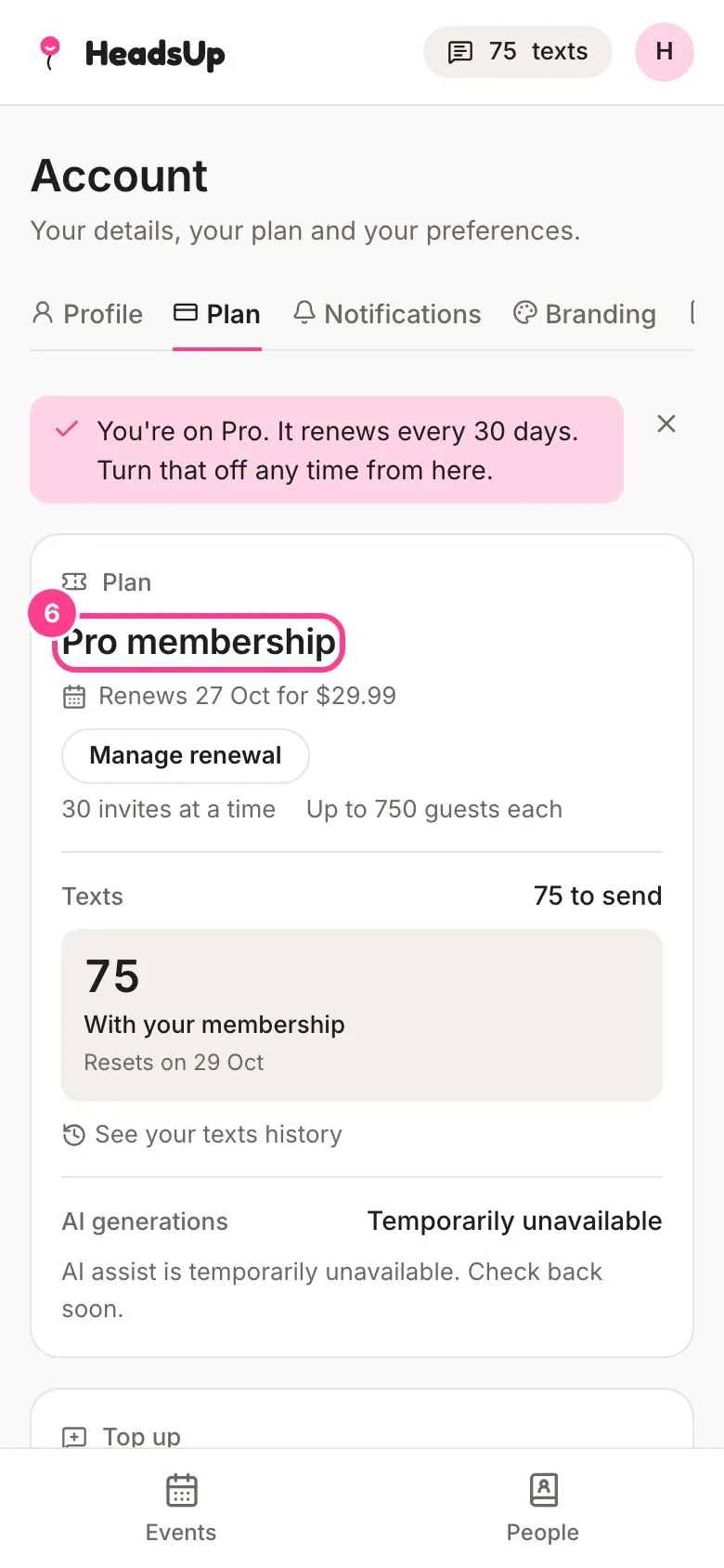 The Plan card showing Pro membership, circled, renewing on 27 Oct for $29.99, with 75 texts to send