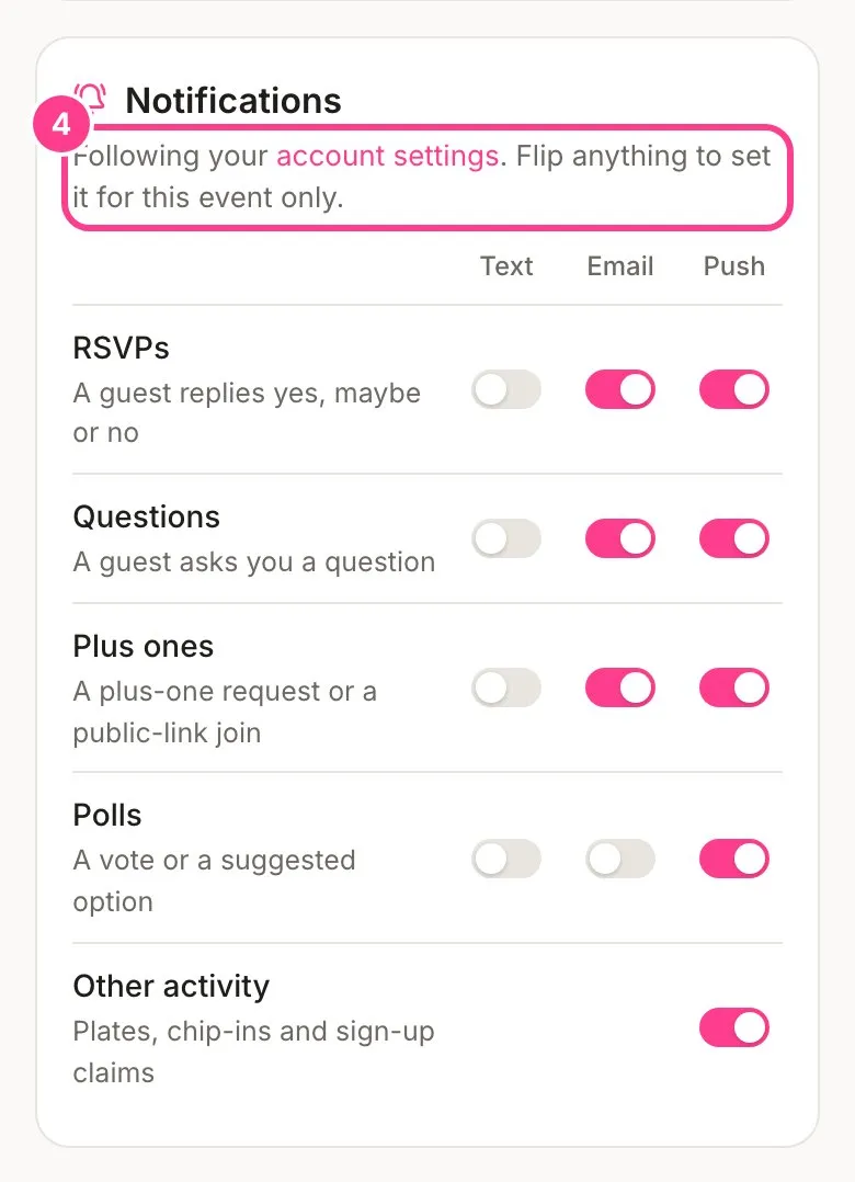 An event’s Notifications card, following the account settings until a switch is flipped
