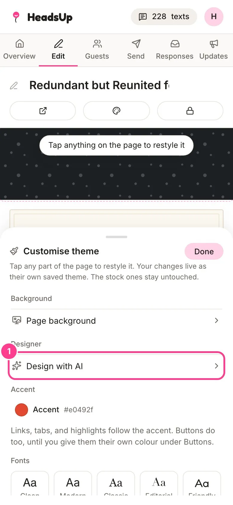 The Customise theme panel with Design with AI circled