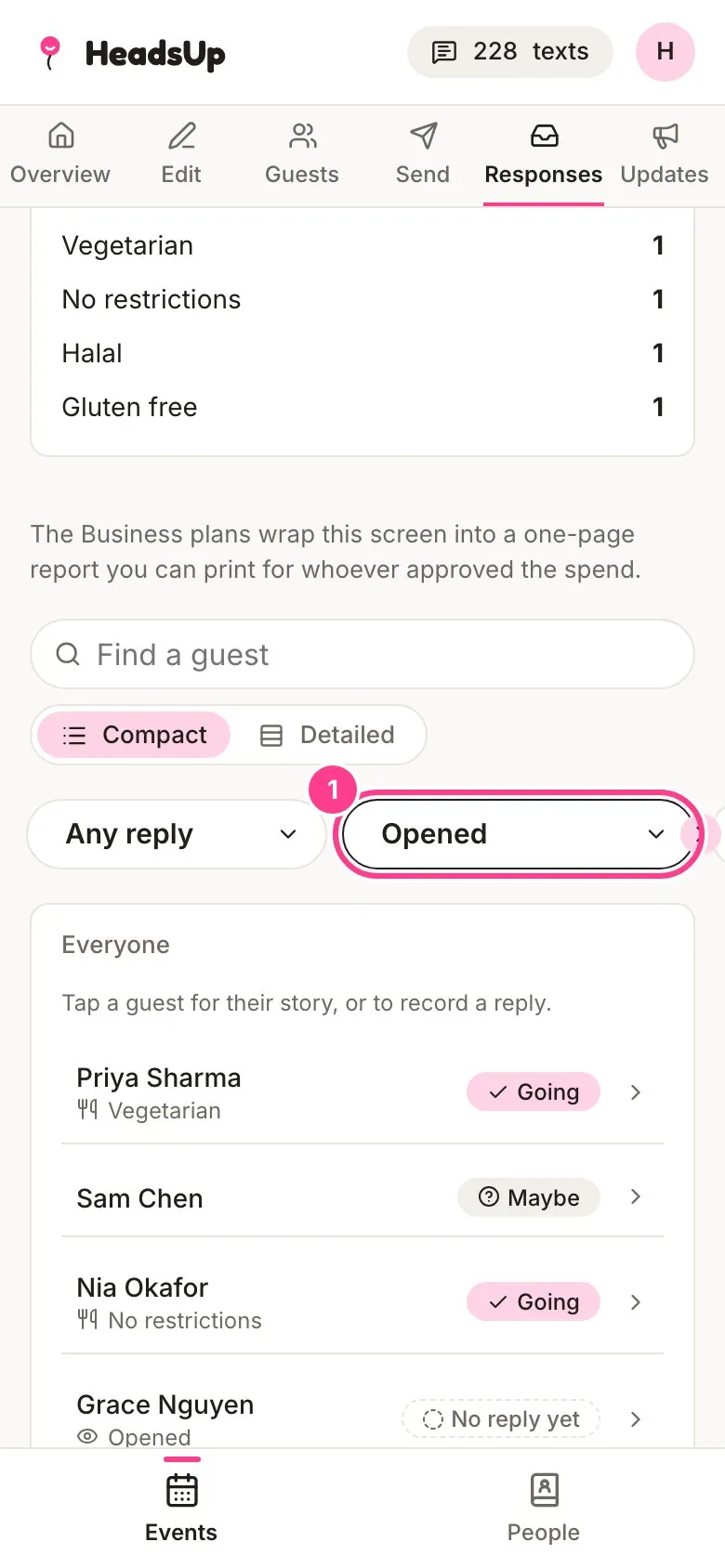 The Responses list filtered to Opened, with the invite status filter circled