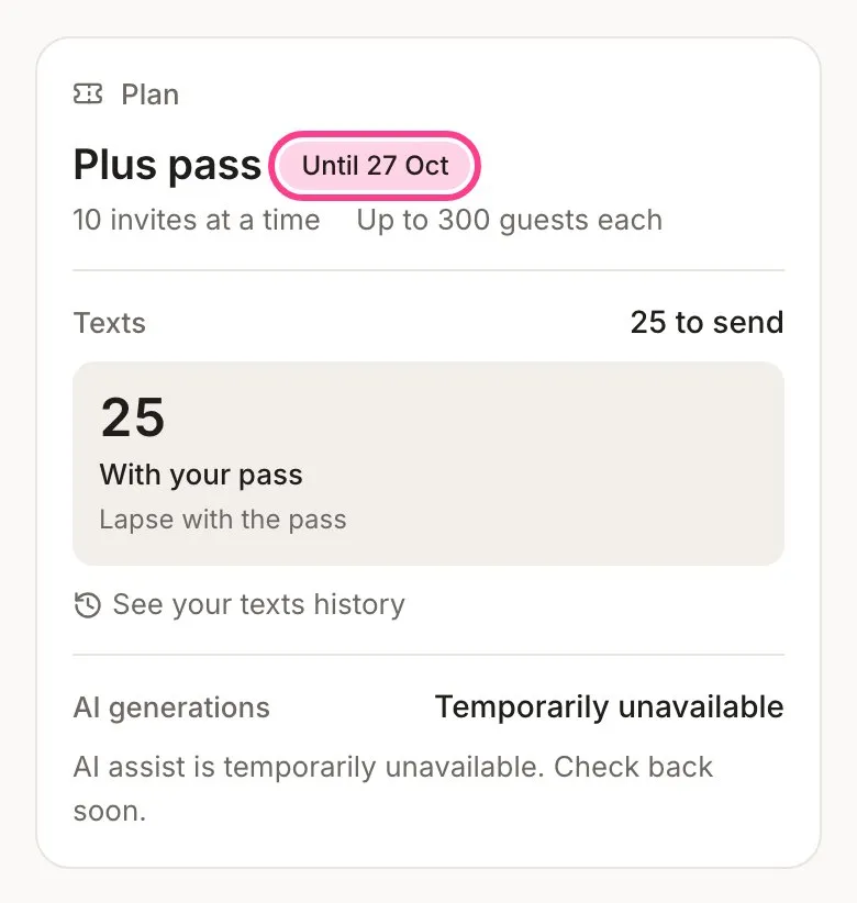 The Plan card showing a Plus pass with its Until 27 Oct date circled