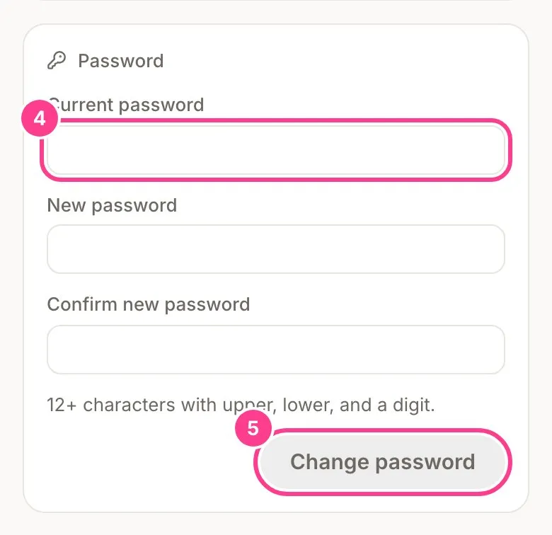 The Password card with the Current password field and the Change password button circled