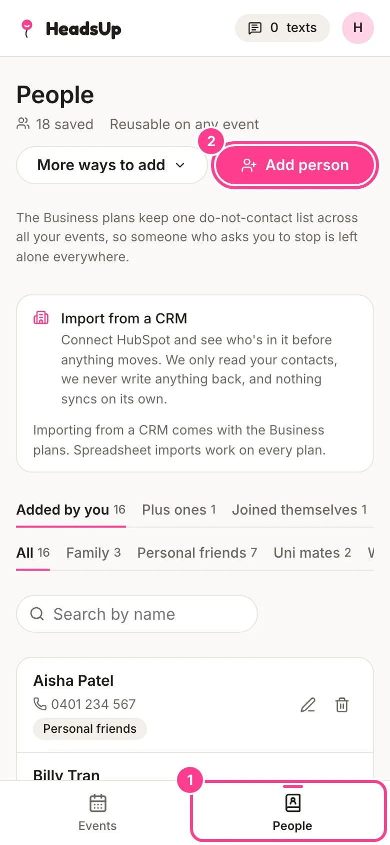 The People screen with the People tab and the Add person button circled