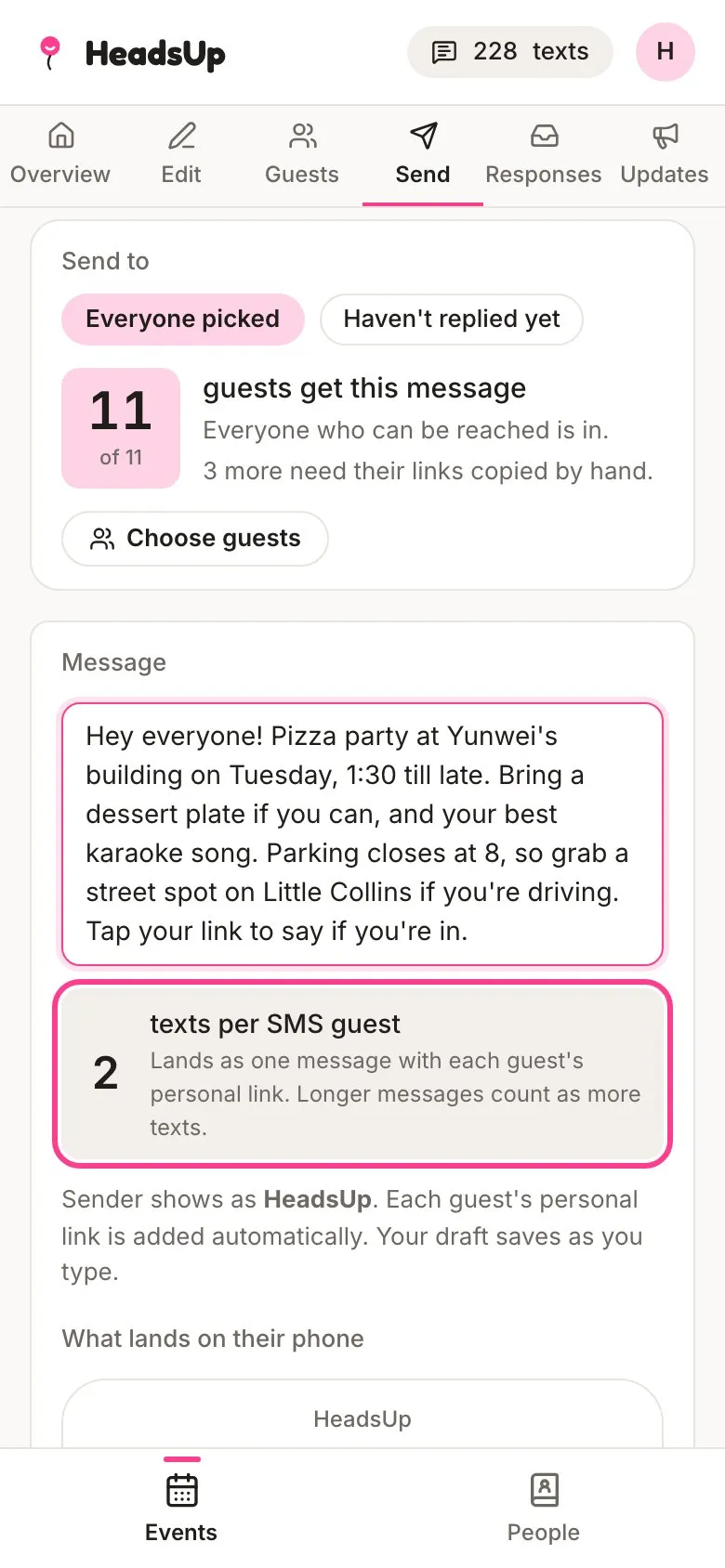 A longer message on the Send tab, with the count showing 2 texts per SMS guest circled