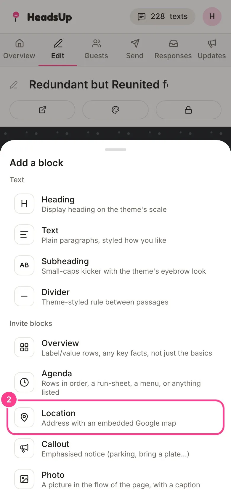 The Add a block list with Location circled
